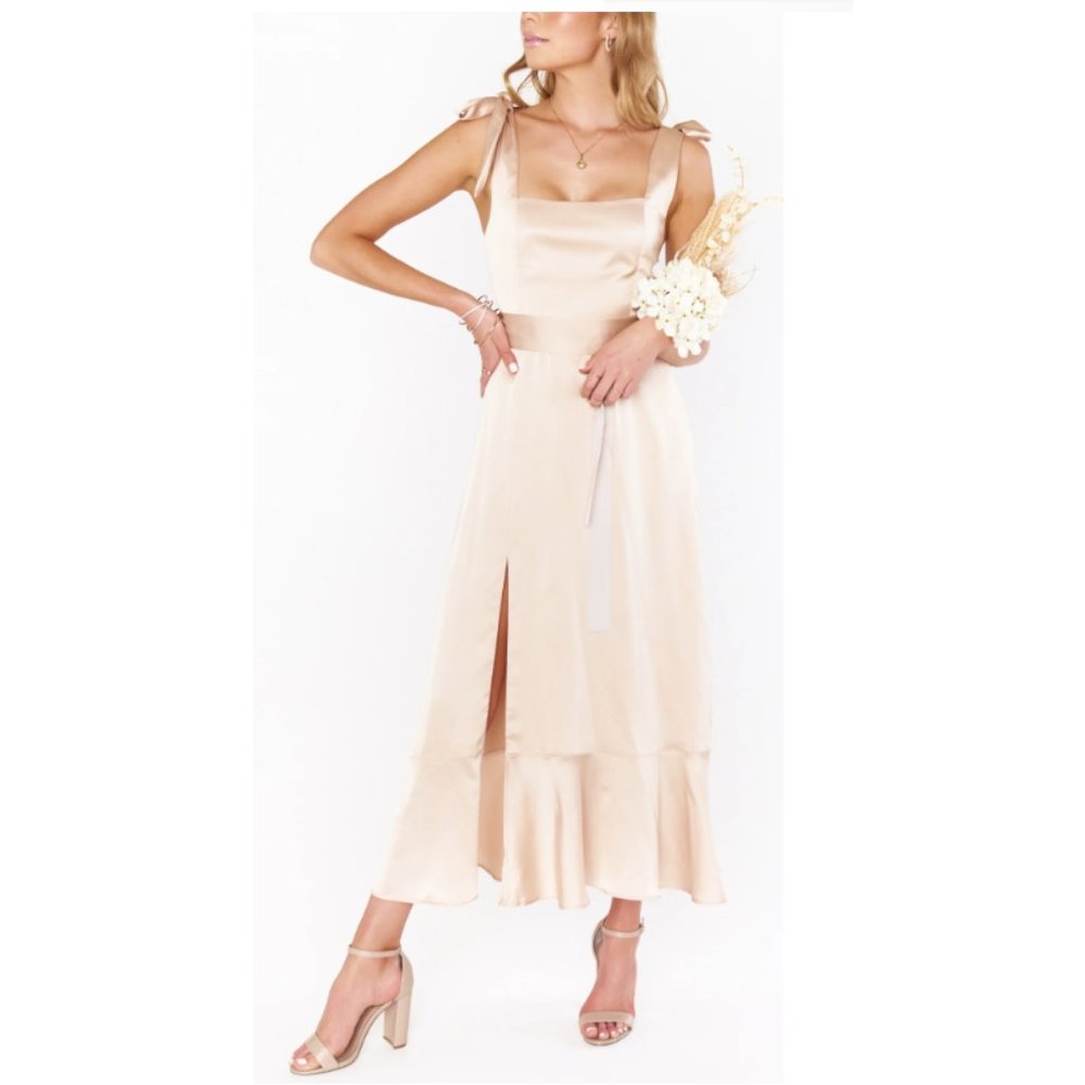 Show Me Your Mumu - Claire Midi Bridesmaid or Cocktail Champagne Satin Dress